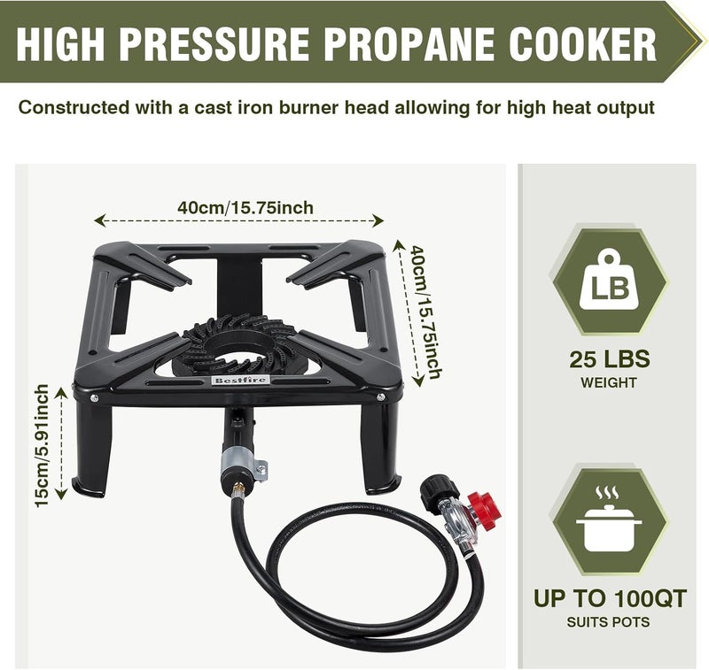BestFire High Pressure Propane Burner, 120000 BTU Single Propane Stove with 4.1ft 0-20Psi Adjustable Hose with Regulator, 16" Square Steel Cooktop for Camping - Image 3